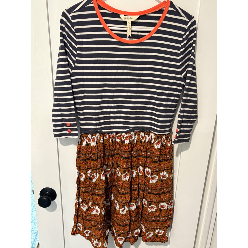 Matilda Jane Women Striped Floral Mixed Media Dress Navy Orange Rust Small
